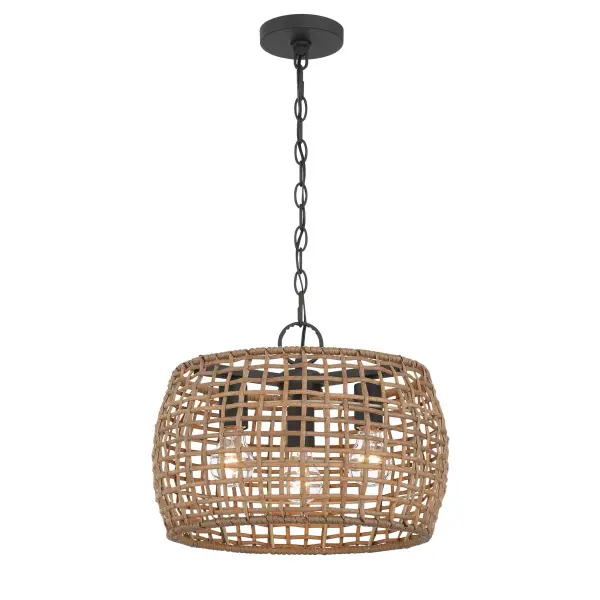 Bring boho elegance into your home with the Wry Lighting Weavelight 3-light Pendant in Natural Black. Featuring a wicker shade and a natural black frame, it creates a welcoming atmosphere. The maple all-weather wicker shade showcases a warm, honey-brown color with natural variations, expertly woven into an open-weave pattern for a rustic, airy look. This charming shade adds a touch of coastal, bohemian appeal to your space while delivering a beautiful interplay of light and shadow for an organic texture. The natural black finish offers a softer take on classic black, featuring a chalky, non-reflective matte surface reminiscent of raw iron, perfectly complementing various styles from modern farmhouse to industrial. Ideal for kitchens, dining rooms, or bedrooms, the dry location rating makes it perfect for indoor spaces not subject to moisture. The sloped-ceiling compatibility allows for easy installation on angled ceilings, with an adjustable height ranging from 15.5" to 89". Overall dimensions of 16"W x 12.13"H x 16"D, this fixture requires three E26 medium base bulbs (not included) with a maximum wattage of 100 per bulb. Elevate your space with this stylish piece that promises quality and timeless appeal. Collection: Weavelight Finish: Natural Black Glass: Maple All-Weather Wicker Width: 16.00" Height: 12.13" Weight: 6.49 lb Extension from Wall: 16.00" Canopy: 4.75"W x 4.75"H x 0.75"D Number of Bulbs: 3 Maximum Wattage: 100.00 W Bulb Type: A19 Bulb Base: E26 Light Source: Incandescent Dimmable Voltage: 120.00 V Country of Origin: China Safety Listing: ETL Manufacturer Warranty: 1 Year Limited - alternate view