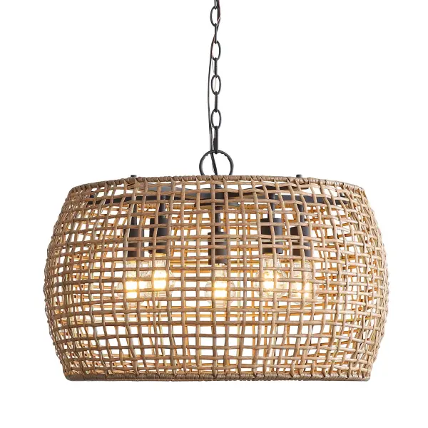 Illuminate your home with the relaxed elegance of the Wry Lighting Weavelight 5-light Pendant. Featuring a handcrafted wicker design and a Natural Black finish, this fixture brings a distinct touch to your environment. With its Maple All-Weather Wicker construction, this pendant showcases a warm, honey-brown shade woven from durable synthetic fibers that enhance any room with its playful light and natural charm. Boasting a Natural Black finish, it complements various decor styles, from modern farmhouse to eclectic settings. Rated for dry locations, this fixture is perfect for indoor dining areas, kitchens, and open layouts. Adjust the height easily to suit your space, ranging from 19.75" to 93.25". Overall dimensions measure 24"W x 16.38"H x 24"D, and it requires 5 E26 Medium base bulbs (not included) with a maximum wattage of 100 per bulb. Experience warmth and style in your living space with this delightful pendant light. Collection: Weavelight Finish: Natural Black Glass: Maple All-Weather Wicker Width: 24.00" Height: 16.38" Weight: 10.80 lb Extension from Wall: 24.00" Canopy: 4.75"W x 4.75"H x 0.75"D Number of Bulbs: 5 Maximum Wattage: 100.00 W Bulb Type: A19 Bulb Base: E26 Light Source: Incandescent Dimmable Voltage: 120.00 V Country of Origin: China Safety Listing: ETL Manufacturer Warranty: 1 Year Limited