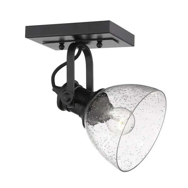 The Hines semi-flush mount combines farmhouse character with industrial edge through its seeded glass shade and matte black finish. Perfect for mid-height ceilings, this compact fixture offers adjustable directional lighting.