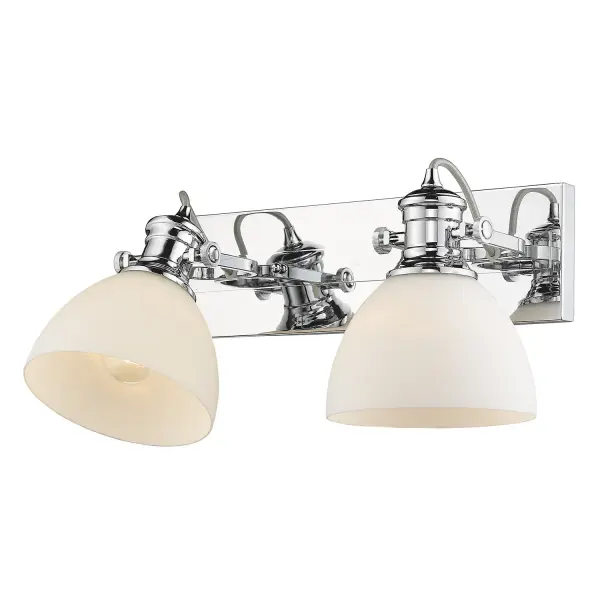 The Hines 2-Light Vanity combines farmhouse charm with modern functionality. Featuring polished chrome finish and opal glass shades, it provides soft, glare-free illumination perfect for bathroom tasks.