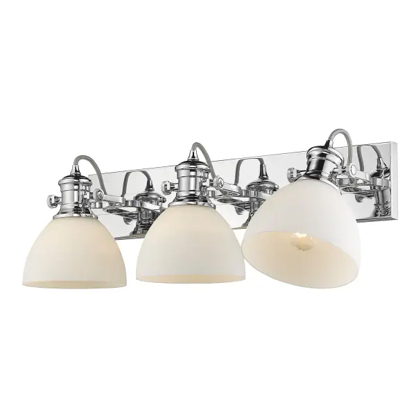 The Hines 3-light vanity combines timeless elegance with practical functionality. Its polished chrome finish and opal glass shades create a soft, glare-free glow perfect for bathroom tasks. Adjustable directional heads offer customizable lighting.