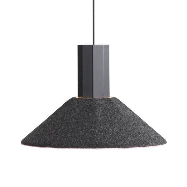 The Faroe pendant combines modern aesthetics with acoustic comfort through its innovative felt shade design. The dual-toned shade features a flecked black exterior and grey interior that provides glare-free illumination while dampening sound.