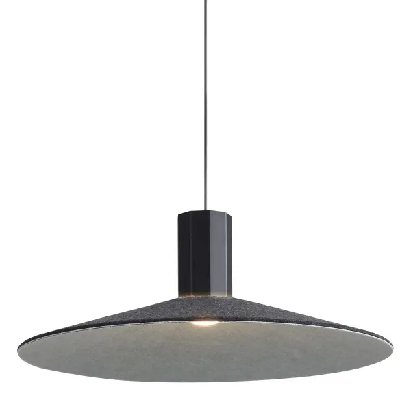 The Faroe pendant combines contemporary aesthetics with functional acoustic dampening through its dual-toned felt shade. The flecked black exterior and grey interior create visual depth while the integrated LED provides warm, energy-efficient illumination.
