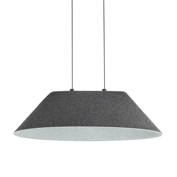 The Faroe pendant combines modern aesthetics with acoustic functionality through its unique dual-toned felt shade. The flecked black exterior and soft gray interior provide sound dampening while delivering glare-free illumination, making it ideal for contemporary spaces.