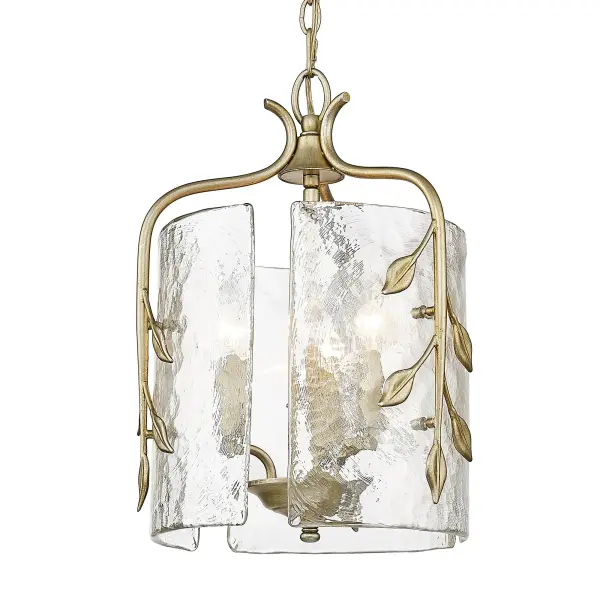 The Calla 3-Light Pendant combines industrial design with sophisticated artisanal details. Its hammered water glass shade creates dynamic light refraction while the White Gold finish adds warmth and versatility to any space. - alternate view