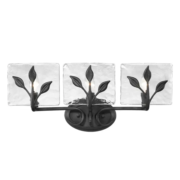 The Calla 3-Light Vanity combines organic design with industrial sophistication. Its hammered water glass shades create mesmerizing light patterns while the natural black finish adds warmth to modern bathrooms.