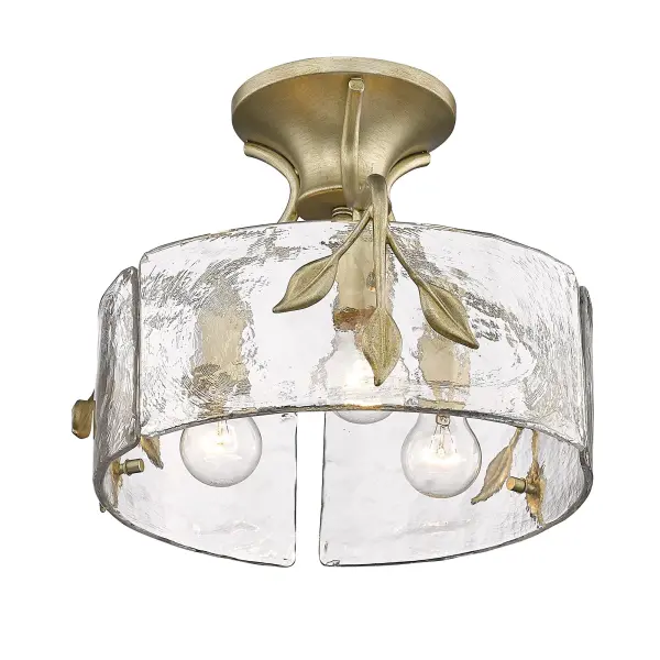 The Calla Semi-Flush Mount combines organic design with artisanal craftsmanship. Its hammered water glass creates beautiful light refraction while the hand-applied White Gold finish adds timeless sophistication to any space. - alternate view