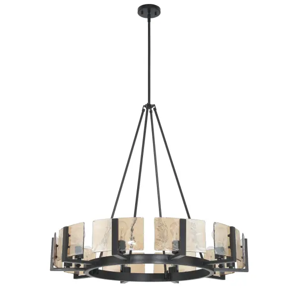 The Yep by Golden Lighting Aenon 10-Light Chandelier brings bold sophistication and organic texture together in a striking, statement-making design. Defined by its circular silhouette, the chandelier showcases ten thick, heavily textured amber water glass panels that evoke the natural movement of molten glass or flowing water. The warm amber tone enhances the glow of the bulbs, creating an inviting, atmospheric ambiance while adding depth and visual intrigue. Finished in Matte Black, the clean, non-reflective frame provides strong contrast against the luminous glass, grounding the design with modern elegance. Measuring 36"W x 33"H x 36"D, this chandelier is ideal for dining rooms, grand foyers, and living spaces where dramatic lighting is desired. Sloped-ceiling compatible and fully adjustable, it can be installed as a pendant or semi-flush mount. Designed for dry locations, the fixture requires ten E26 medium base bulbs (not included) and delivers a refined blend of contemporary style and nature-inspired artistry. Collection: Aenon Finish: Matte Black Glass: Amber Water Glass Width: 36.00" Height: 33.00" Weight: 30.36 lb Extension from Wall: 36.00" Canopy: 4.75"W x 4.75"H x 0.75''D Number of Bulbs: 10 Maximum Wattage: 60.00 W Bulb Type: A19 Bulb Base: E26 Dimmable Voltage: 120.00 V Country of Origin: China Safety Listing: ETL Manufacturer Warranty: 1 Year Limited - alternate view