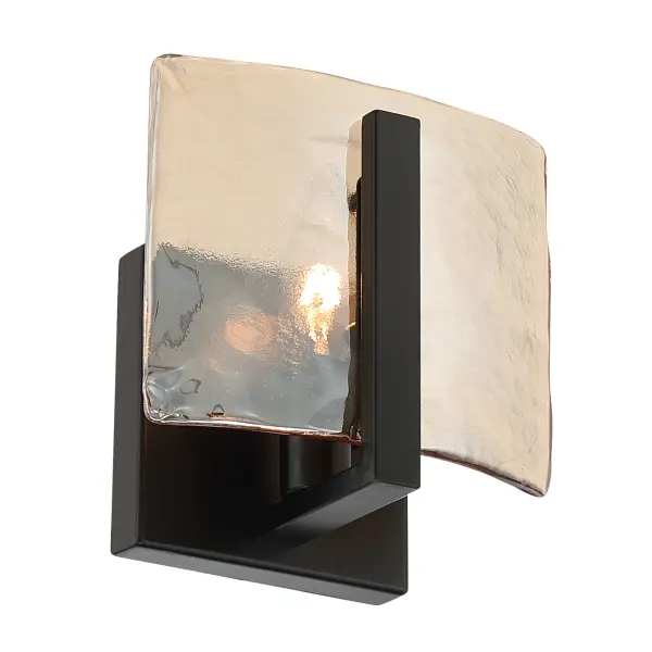 The Yep by Golden Lighting Aenon 1-light Wall Sconce blends natural inspiration with modern contrast through its amber water glass and matte black finish. The thick, heavily textured glass mimics flowing water or sculpted ice, refracting light into rich patterns and warm highlights. The smooth matte black steel frame provides a clean, architectural backdrop that enhances the organic character of the glass. Measuring 6.88"W x 6.75"H x 4"D, this sconce is ideal for bathrooms, hallways, stairways, bedrooms, and accent applications. Damp-location rated, it offers dramatic yet refined lighting with a bold contemporary edge. Collection: Aenon Finish: Matte Black Glass: Amber Water Glass Width: 6.88" Height: 6.75" Weight: 1.81 lb Extension from Wall: 4.00" Canopy: 4.5"W x 4.5"H x 0.75"D Number of Bulbs: 1 Maximum Wattage: 60.00 W Bulb Type: CA10 Bulb Base: E12 Dimmable Voltage: 120.00 V Country of Origin: China Safety Listing: ETL ADA Manufacturer Warranty: 1 Year Limited