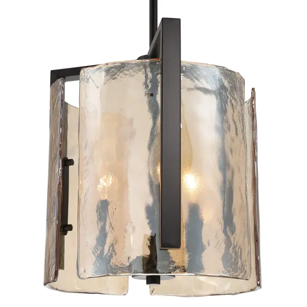 The Aenon 3-light Pendant brings bold contrast and natural texture together in a refined, compact design. Finished in smooth Matte Black, the steel frame highlights the sculptural quality of the thick Amber Water Glass panels. Each panel features a deeply hammered surface that mimics the movement of water or ice, softly refracting light while the warm amber tone creates an inviting glow. Measuring 13"W x 13.63"H x 13"D, this pendant is well suited for kitchens, dining rooms, bedrooms, and entryways. Adjustable height and sloped-ceiling compatibility provide flexible installation while maintaining a strong, contemporary presence. Collection: Aenon Finish: Matte Black Glass: Amber Water Glass Width: 13.00" Height: 13.63" Weight: 16.35 lb Extension from Wall: 13.00" Canopy: 4.75"W x 4.75"H x 0.75"D Number of Bulbs: 3 Maximum Wattage: 60.00 W Bulb Type: CA10 Bulb Base: E12 Dimmable Voltage: 120.00 V Country of Origin: China Safety Listing: ETL Manufacturer Warranty: 1 Year Limited