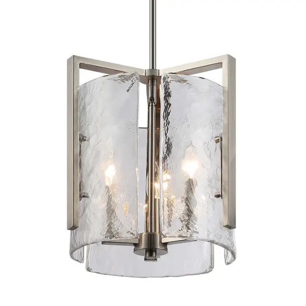 The Aenon 3-Light Pendant combines organic design with transitional styling through its hammered water glass shades and soft pewter finish. The textured glass creates captivating light patterns while the adjustable height and sloped ceiling compatibility offer installation versatility.