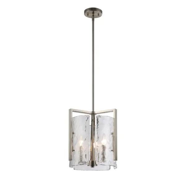 The Aenon 3-Light Pendant combines organic design with transitional styling through its hammered water glass shades and soft pewter finish. The textured glass creates captivating light patterns while the adjustable height and sloped ceiling compatibility offer installation versatility. - alternate view
