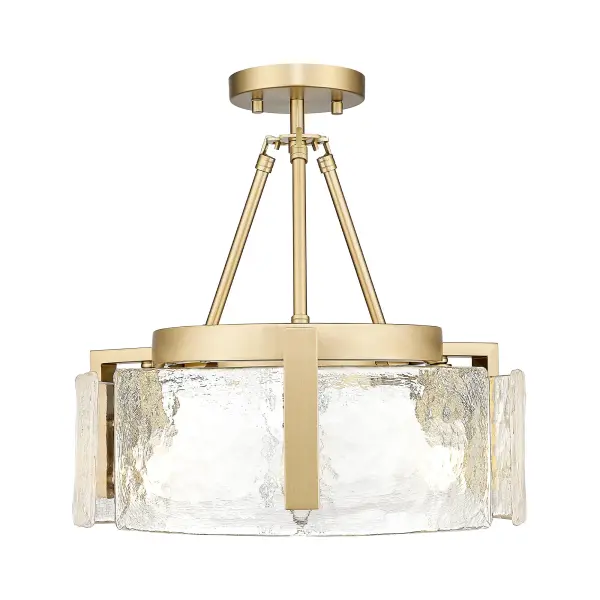 The Aenon semi-flush mount combines organic beauty with modern sophistication through its hammered water glass shade and brushed champagne brass finish. Its convertible design allows both semi-flush and pendant installation with adjustable height.