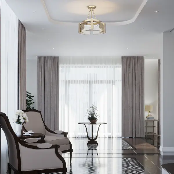 The Aenon semi-flush mount combines organic beauty with modern sophistication through its hammered water glass shade and brushed champagne brass finish. Its convertible design allows both semi-flush and pendant installation with adjustable height. - alternate view