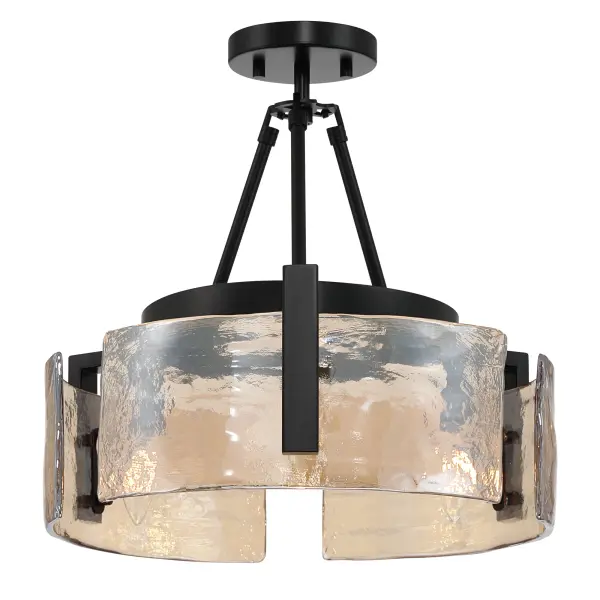 The Yep by Golden Lighting Aenon 3-light Semi-Flush Mount offers a striking blend of modern contrast and organic texture. Finished in Matte Black, the clean-lined steel frame highlights the thick Amber Water Glass panels, which mimic the look of flowing water and natural ice. The warm amber glass enhances illumination with a glowing, atmospheric quality while the hammered texture creates depth and visual movement. Sized at 16.5"W x 10"H x 16.5"D, this fixture is well suited for spaces with mid-height ceilings. Its convertible, adjustable design allows it to be installed as a semi-flush mount or pendant for added flexibility. Damp-location rated, it works beautifully in entryways, bedrooms, kitchens, bathrooms, and living spaces. Collection: Aenon Finish: Matte Black Glass: Amber Water Glass Width: 16.50" Height: 10.00" Weight: 9.35 lb Extension from Wall: 16.50" Canopy: 4.75"W x 4.75"H x 0.75"D Number of Bulbs: 3 Maximum Wattage: 60.00 W Bulb Type: CA10 Bulb Base: E12 Dimmable Voltage: 120.00 V Country of Origin: China Safety Listing: ETL Manufacturer Warranty: 1 Year Limited