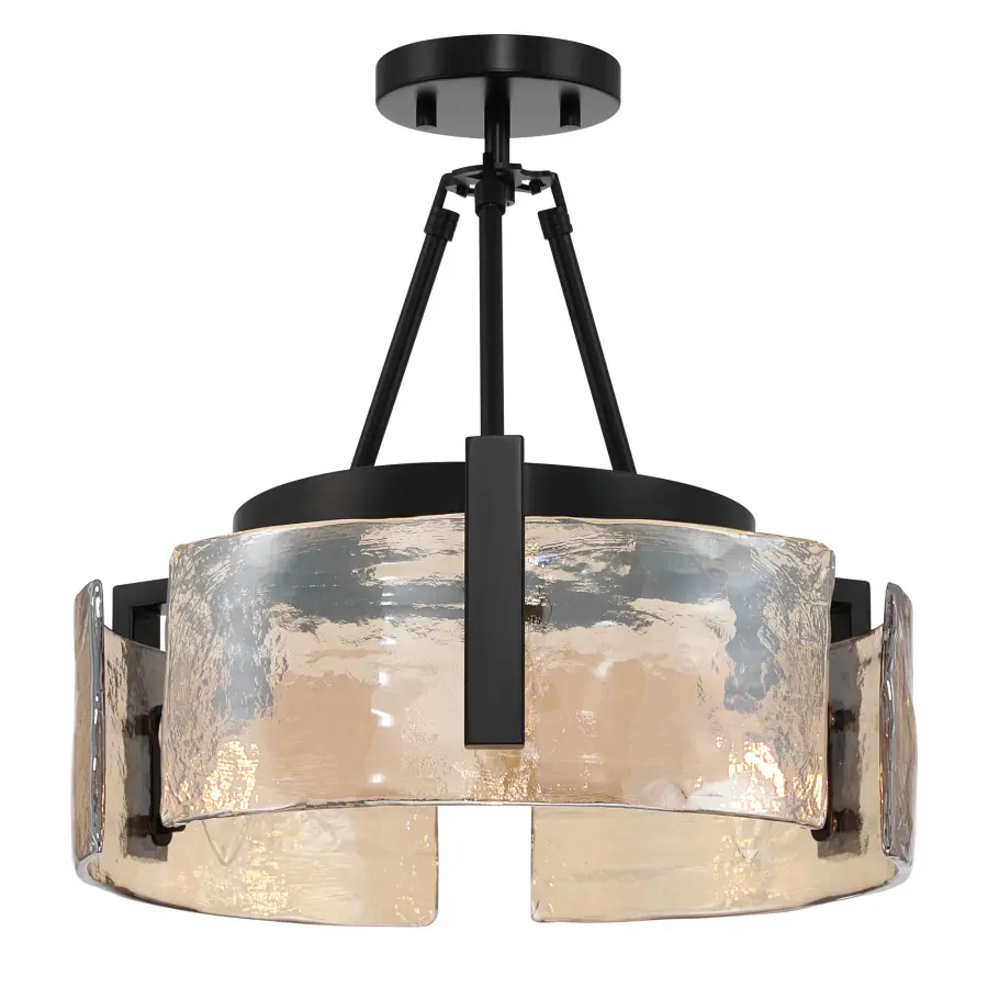 Aenon 3-Light Semi-Flush Mount in Matte Black with Amber Water Glass - Image 1