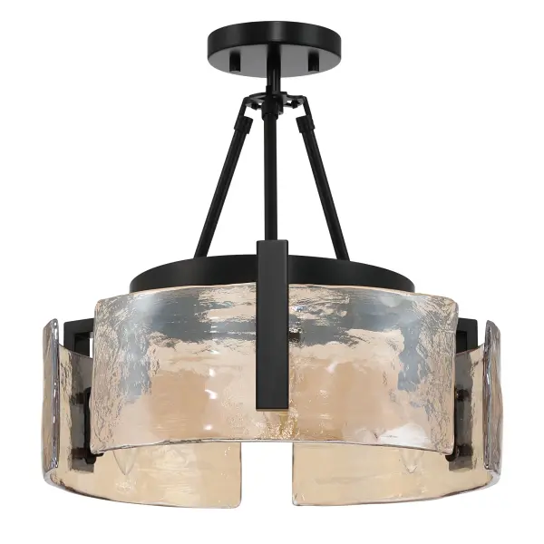 The Yep by Golden Lighting Aenon 3-light Semi-Flush Mount offers a striking blend of modern contrast and organic texture. Finished in Matte Black, the clean-lined steel frame highlights the thick Amber Water Glass panels, which mimic the look of flowing water and natural ice. The warm amber glass enhances illumination with a glowing, atmospheric quality while the hammered texture creates depth and visual movement. Sized at 16.5"W x 10"H x 16.5"D, this fixture is well suited for spaces with mid-height ceilings. Its convertible, adjustable design allows it to be installed as a semi-flush mount or pendant for added flexibility. Damp-location rated, it works beautifully in entryways, bedrooms, kitchens, bathrooms, and living spaces. Collection: Aenon Finish: Matte Black Glass: Amber Water Glass Width: 16.50" Height: 10.00" Weight: 9.35 lb Extension from Wall: 16.50" Canopy: 4.75"W x 4.75"H x 0.75"D Number of Bulbs: 3 Maximum Wattage: 60.00 W Bulb Type: CA10 Bulb Base: E12 Dimmable Voltage: 120.00 V Country of Origin: China Safety Listing: ETL Manufacturer Warranty: 1 Year Limited - alternate view