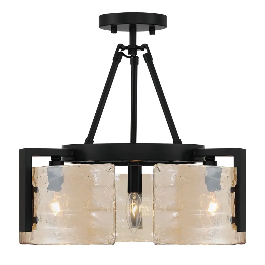 Aenon 3-Light Semi-Flush Mount in Matte Black with Amber Water Glass - Image 3