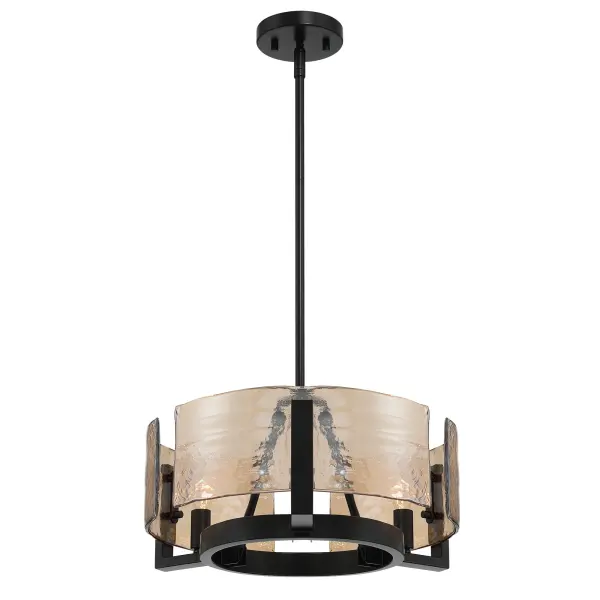 The Yep by Golden Lighting Aenon 3-light Chandelier delivers striking contrast through a clean Matte Black finish and richly textured Amber Water Glass. The steel frame's bold, modern silhouette is softened by thick amber glass panels inspired by natural water and ice formations. The warm glass tone enhances ambient light while the hammered texture refracts illumination into dynamic, organic patterns. Measuring 16.5"W x 8.38"H x 16.5"D, this chandelier offers sculptural presence in smaller spaces. Fully adjustable and convertible, it can be installed as a pendant or semi-flush mount and is sloped-ceiling compatible. Damp-location rated, it is ideal for dining rooms, foyers, bedrooms, and covered living areas seeking warmth with a modern edge. Collection: Aenon Finish: Matte Black Glass: Amber Water Glass Width: 16.50" Height: 8.38" Weight: 10.34 lb Extension from Wall: 16.50" Canopy: 4.75"W x 4.75"H x 0.75"D Number of Bulbs: 3 Maximum Wattage: 60.00 W Bulb Type: CA10 Bulb Base: E12 Dimmable Voltage: 120.00 V Country of Origin: China Safety Listing: ETL Manufacturer Warranty: 1 Year Limited - alternate view
