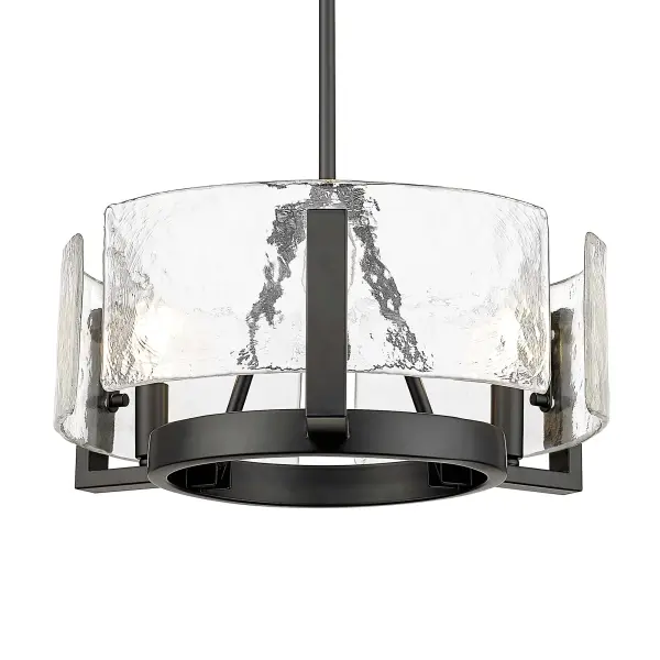 The Aenon 3-light chandelier combines contemporary matte black styling with hammered water glass shades that create captivating light patterns. Its compact 16.5" width and adjustable height make it perfect for smaller spaces, while damp location rating expands placement options.