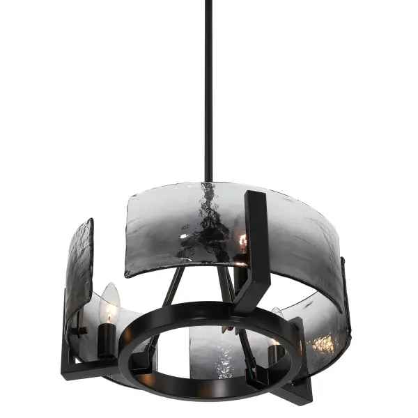 Aenon 3-light Chandelier brings organic texture and refined contrast to smaller interior spaces. Finished in classic Matte Black, the streamlined steel frame supports thick Smokey Water Glass panels inspired by the fluid movement of water and ice. The smoky gray glass softens the light while its heavily textured surface refracts illumination into layered highlights and subtle shadows, creating visual depth without overwhelming the room. Measuring 16.5"W x 8.38"H x 16.5"D, this chandelier offers a bold yet balanced presence ideal for kitchens, dining nooks, bedrooms, and entryways. Designed for versatility, it is fully adjustable, sloped-ceiling compatible, and convertible for semi-flush or pendant installation. Damp-location rated, the Aenon chandelier blends sculptural elegance with everyday functionality.