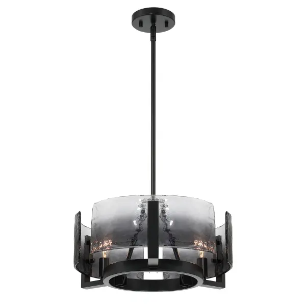 Aenon 3-light Chandelier brings organic texture and refined contrast to smaller interior spaces. Finished in classic Matte Black, the streamlined steel frame supports thick Smokey Water Glass panels inspired by the fluid movement of water and ice. The smoky gray glass softens the light while its heavily textured surface refracts illumination into layered highlights and subtle shadows, creating visual depth without overwhelming the room. Measuring 16.5"W x 8.38"H x 16.5"D, this chandelier offers a bold yet balanced presence ideal for kitchens, dining nooks, bedrooms, and entryways. Designed for versatility, it is fully adjustable, sloped-ceiling compatible, and convertible for semi-flush or pendant installation. Damp-location rated, the Aenon chandelier blends sculptural elegance with everyday functionality. - alternate view
