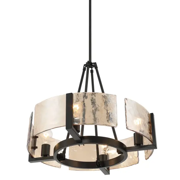 The Yep by Golden Lighting Aenon 4-Light Chandelier blends organic texture with modern contrast for a striking yet timeless statement. Finished in smooth Matte Black, the steel frame surrounds thick Amber Water Glass panels inspired by flowing water and natural ice formations. The warm amber tone enhances light output with a soft, glowing ambiance, while the deeply textured glass refracts light into dynamic highlights. Measuring 22"W x 18.5"H x 22"D, this chandelier is fully adjustable and convertible for pendant or semi-flush installation. Ideal for dining rooms, foyers, and living spaces, it delivers sculptural presence with refined warmth. Collection: Aenon Finish: Matte Black Glass: Amber Water Glass Width: 22.00" Height: 18.50" Weight: 15.97 lb Extension from Wall: 22.00" Canopy: 4.75"W x 4.75"H x 0.75''D Number of Bulbs: 4 Maximum Wattage: 60.00 W Bulb Type: A19 Bulb Base: E26 Dimmable Voltage: 120.00 V Country of Origin: China Safety Listing: ETL Manufacturer Warranty: 1 Year Limited