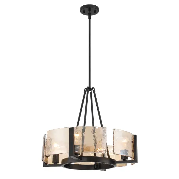 The Yep by Golden Lighting Aenon 4-Light Chandelier blends organic texture with modern contrast for a striking yet timeless statement. Finished in smooth Matte Black, the steel frame surrounds thick Amber Water Glass panels inspired by flowing water and natural ice formations. The warm amber tone enhances light output with a soft, glowing ambiance, while the deeply textured glass refracts light into dynamic highlights. Measuring 22"W x 18.5"H x 22"D, this chandelier is fully adjustable and convertible for pendant or semi-flush installation. Ideal for dining rooms, foyers, and living spaces, it delivers sculptural presence with refined warmth. Collection: Aenon Finish: Matte Black Glass: Amber Water Glass Width: 22.00" Height: 18.50" Weight: 15.97 lb Extension from Wall: 22.00" Canopy: 4.75"W x 4.75"H x 0.75''D Number of Bulbs: 4 Maximum Wattage: 60.00 W Bulb Type: A19 Bulb Base: E26 Dimmable Voltage: 120.00 V Country of Origin: China Safety Listing: ETL Manufacturer Warranty: 1 Year Limited - alternate view