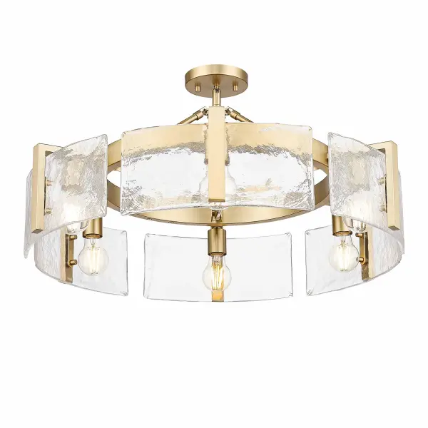 The Aenon 6-light semi-flush mount combines organic beauty with modern sophistication. Its hammered water glass shades create mesmerizing light patterns while the brushed champagne brass finish adds warmth without traditional gold's heaviness.