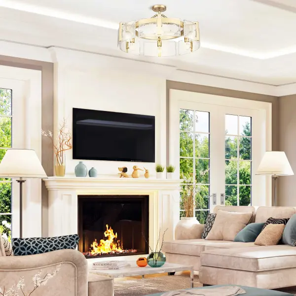 The Aenon 6-light semi-flush mount combines organic beauty with modern sophistication. Its hammered water glass shades create mesmerizing light patterns while the brushed champagne brass finish adds warmth without traditional gold's heaviness. - alternate view