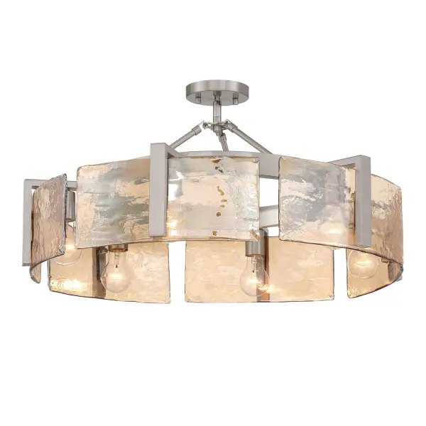 Aenon 6-light Semi-Flush Mount brings sculptural elegance and organic warmth to interior spaces. Finished in softly brushed Pewter, the circular steel frame showcases thick Amber Water Glass panels with a deeply hammered texture inspired by flowing water and natural ice formations. The warm amber tone enhances illumination with a rich, inviting glow while refracting light into dynamic patterns. Measuring 27.75"W x 8.75"H x 27.75"D, this extra-large fixture offers strong visual presence with a streamlined profile. Convertible and height adjustable, it installs as a semi-flush mount or pendant. Damp-location rated, it is ideal for foyers, bedrooms, kitchens, and covered living areas.