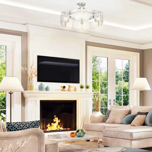 The Aenon semi-flush mount combines artistry with functionality through its hammered water glass shade that creates a beautifully distorted light effect. The soft pewter finish offers a sophisticated alternative to bright silver tones. - alternate view