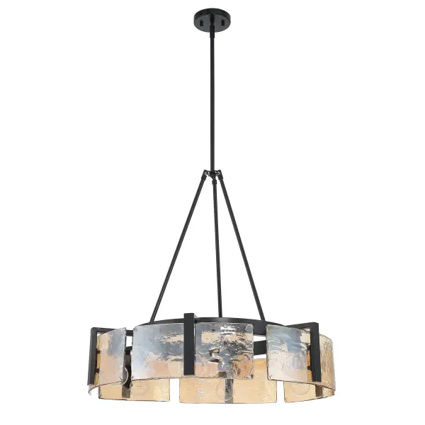 Aenon 6-light Chandelier blends modern contrast with organic texture. Finished in smooth Matte Black, the circular steel frame highlights the warmth of thick Amber Water Glass panels inspired by natural water and ice formations. The amber-toned glass enhances ambiance while the hammered surface refracts light into layered highlights and patterns. Measuring 27.75"W x 21"H x 27.75"D, this fixture offers generous scale and visual impact. Designed for versatility, it is fully adjustable, sloped-ceiling compatible, and convertible for use as a chandelier, pendant, or semi-flush mount. Damp-location rated, it is ideal for dining rooms, foyers, bedrooms, and covered living areas seeking dramatic yet refined lighting. - alternate view
