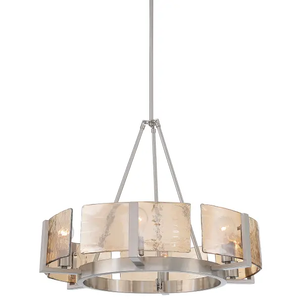 The Yep by Golden Lighting Aenon 6-light Chandelier blends classic refinement with organic texture. Finished in softly brushed Pewter, the steel frame supports thick Amber Water Glass panels with a deeply hammered surface inspired by natural water and ice formations. The warm amber glass softens illumination while refracting light into dynamic highlights. Measuring 27.75"W x 21"H x 27.75"D, this chandelier offers a balanced yet impactful presence. Convertible and height adjustable, it can be installed as a pendant or semi-flush mount. Damp-location rated for versatile use in dining rooms, foyers, and living areas. Collection: Aenon Finish: Pewter Glass: Amber Water Glass Width: 27.75" Height: 21.00" Weight: 18.94 lb Extension from Wall: 27.75" Canopy: 4.75"W x 4.75"H x 0.75"D Number of Bulbs: 6 Maximum Wattage: 60.00 W Bulb Type: A19 Bulb Base: E26 Dimmable Voltage: 120.00 V Country of Origin: China Safety Listing: ETL Manufacturer Warranty: 1 Year Limited