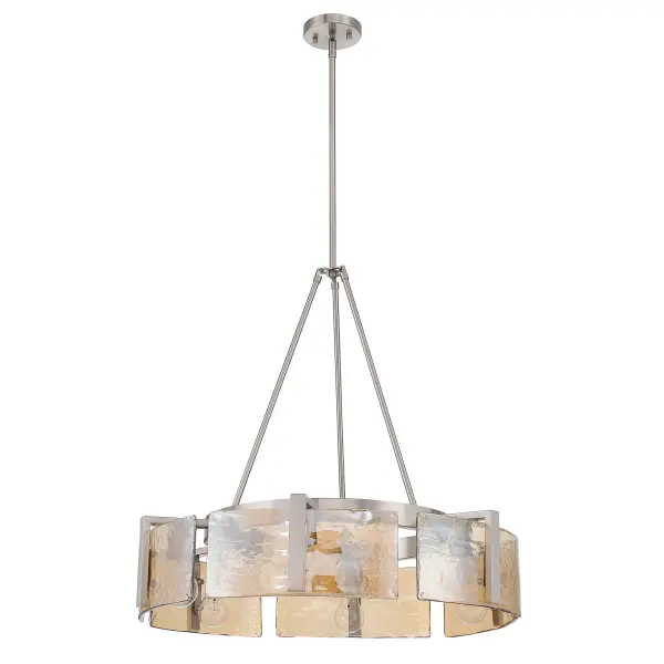 The Yep by Golden Lighting Aenon 6-light Chandelier blends classic refinement with organic texture. Finished in softly brushed Pewter, the steel frame supports thick Amber Water Glass panels with a deeply hammered surface inspired by natural water and ice formations. The warm amber glass softens illumination while refracting light into dynamic highlights. Measuring 27.75"W x 21"H x 27.75"D, this chandelier offers a balanced yet impactful presence. Convertible and height adjustable, it can be installed as a pendant or semi-flush mount. Damp-location rated for versatile use in dining rooms, foyers, and living areas. Collection: Aenon Finish: Pewter Glass: Amber Water Glass Width: 27.75" Height: 21.00" Weight: 18.94 lb Extension from Wall: 27.75" Canopy: 4.75"W x 4.75"H x 0.75"D Number of Bulbs: 6 Maximum Wattage: 60.00 W Bulb Type: A19 Bulb Base: E26 Dimmable Voltage: 120.00 V Country of Origin: China Safety Listing: ETL Manufacturer Warranty: 1 Year Limited - alternate view