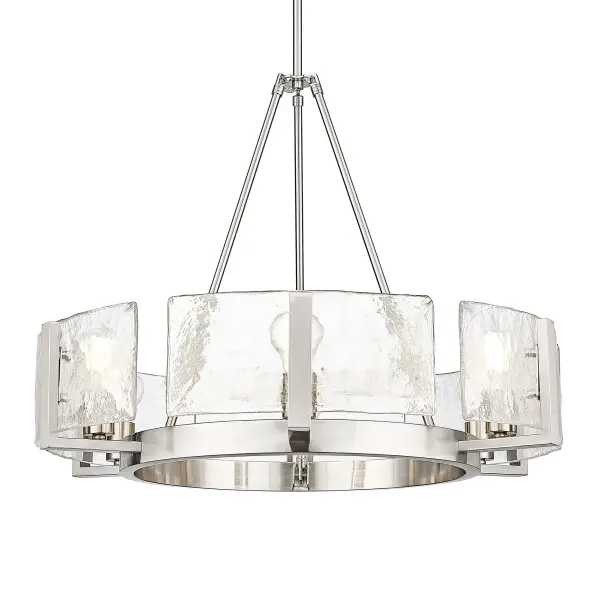 The Aenon chandelier combines organic beauty with transitional sophistication. Its hammered water glass shades create captivating light patterns while the pewter finish adds timeless versatility to both classic and contemporary spaces.