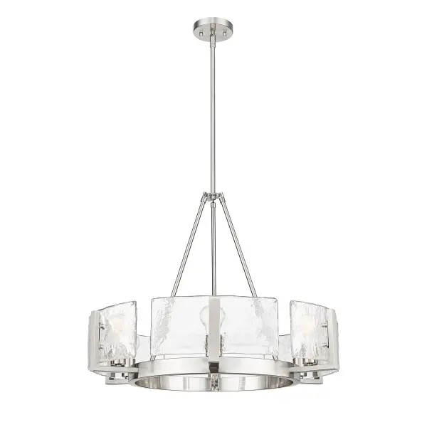 The Aenon chandelier combines organic beauty with transitional sophistication. Its hammered water glass shades create captivating light patterns while the pewter finish adds timeless versatility to both classic and contemporary spaces. - alternate view