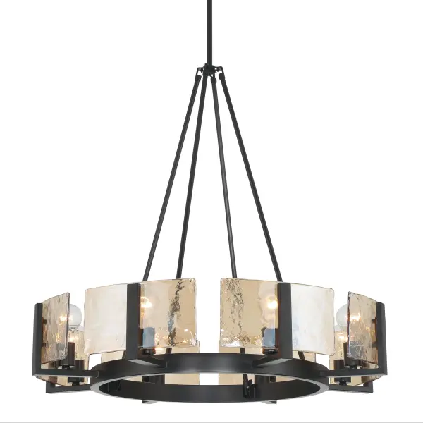 The Yep by Golden Lighting Aenon 8-light Chandelier blends modern structure with organic texture. Finished in Matte Black, the steel frame supports thick Amber Water Glass panels inspired by flowing water and melting ice. The warm amber tone softens the bold finish, creating a welcoming glow while the deeply hammered glass refracts light into dynamic patterns. Measuring 32"W x 30"H x 32"D, this chandelier makes a striking statement in dining rooms, foyers, and living spaces. Sloped-ceiling compatible and fully adjustable, it offers flexible installation as a chandelier or semi-flush mount for versatile interior design. Collection: Aenon Finish: Matte Black Glass: Amber Water Glass Width: 32.00" Height: 30.00" Weight: 24.97 lb Extension from Wall: 32.00" Canopy: 4.75"W x 4.75"H x 0.75''D Number of Bulbs: 8 Maximum Wattage: 60.00 W Bulb Type: A19 Bulb Base: E26 Dimmable Voltage: 120.00 V Country of Origin: China Safety Listing: ETL Manufacturer Warranty: 1 Year Limited