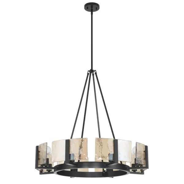 The Yep by Golden Lighting Aenon 8-light Chandelier blends modern structure with organic texture. Finished in Matte Black, the steel frame supports thick Amber Water Glass panels inspired by flowing water and melting ice. The warm amber tone softens the bold finish, creating a welcoming glow while the deeply hammered glass refracts light into dynamic patterns. Measuring 32"W x 30"H x 32"D, this chandelier makes a striking statement in dining rooms, foyers, and living spaces. Sloped-ceiling compatible and fully adjustable, it offers flexible installation as a chandelier or semi-flush mount for versatile interior design. Collection: Aenon Finish: Matte Black Glass: Amber Water Glass Width: 32.00" Height: 30.00" Weight: 24.97 lb Extension from Wall: 32.00" Canopy: 4.75"W x 4.75"H x 0.75''D Number of Bulbs: 8 Maximum Wattage: 60.00 W Bulb Type: A19 Bulb Base: E26 Dimmable Voltage: 120.00 V Country of Origin: China Safety Listing: ETL Manufacturer Warranty: 1 Year Limited - alternate view