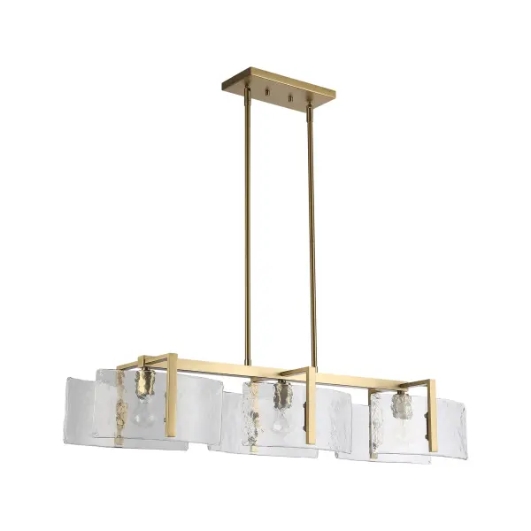 The Aenon 3-Light Island Light combines organic beauty with refined luxury through its hammered water glass shades and brushed champagne brass finish. Perfect for kitchen islands, this fixture creates captivating light patterns while offering exceptional adjustability and timeless style. - alternate view