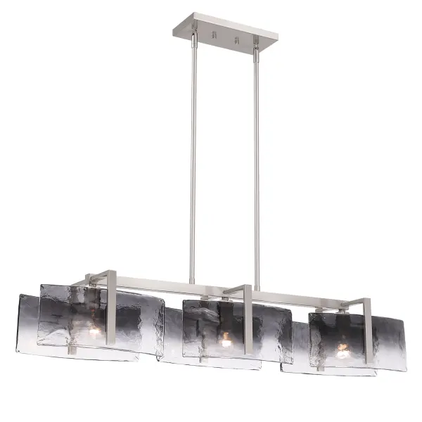 Aenon 3-light Island Light delivers understated elegance with organic texture. Finished in brushed Pewter, the streamlined frame showcases thick Smokey Water Glass panels inspired by natural water movement and ice. The smoky gray glass softens illumination while the hammered texture creates depth and visual intrigue. Measuring 40.5"W x 8.13"H x 8.88"D, this fixture is ideally scaled for kitchen islands and elongated spaces. Adjustable height and sloped-ceiling compatibility ensure versatile installation with lasting style.