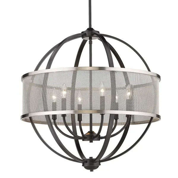 The Golden Lighting Colson chandelier combines modern elegance with transitional appeal through its matte black finish and pewter metal shade. Adjustable height and sloped-ceiling compatibility make it adaptable to various spaces.