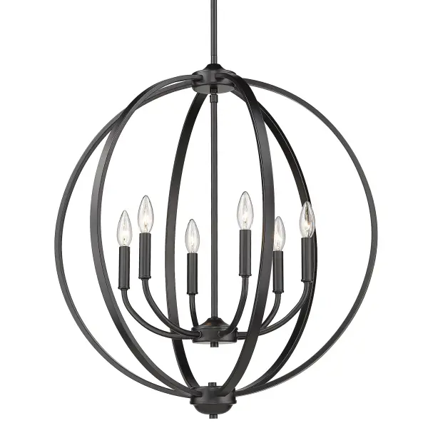 The Colson 6-Light Chandelier combines classic candelabra styling with a contemporary open-orb frame in sophisticated matte black. Its adjustable height and versatile design make it perfect for both traditional and modern spaces.