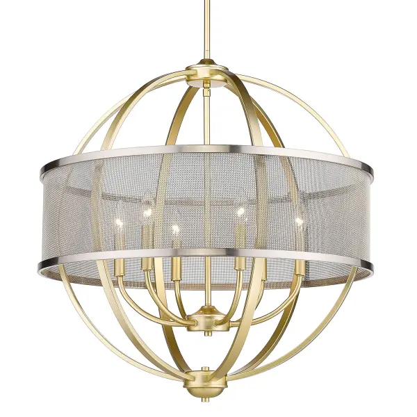 The Colson 6-light chandelier combines transitional elegance with modern sophistication. Its Olympic Gold finish offers a soft, matte metallic surface that harmonizes beautifully with the pewter metal shades, creating an elegant non-glare glow perfect for dining rooms and foyers.