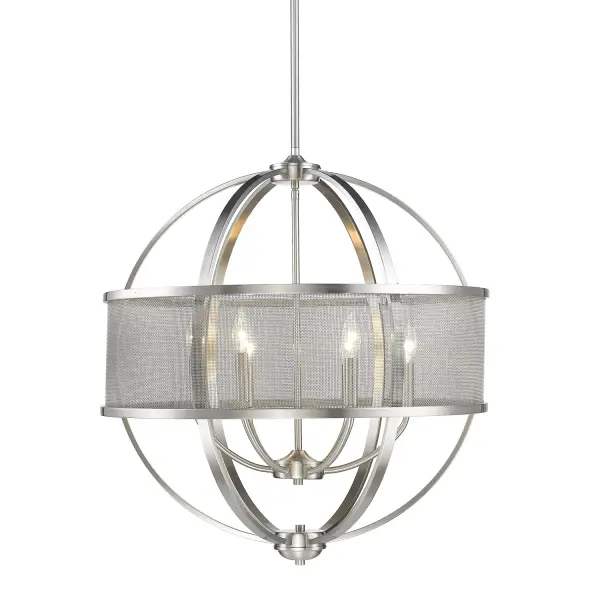 The Golden Lighting Colson chandelier brings refined elegance to any space with its transitional design and soft pewter finish. The metal shade diffuses light beautifully while the adjustable height and sloped-ceiling compatibility offer versatile installation options for various room configurations.