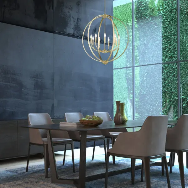 The Colson chandelier masterfully blends classic candelabra styling with contemporary open-orb geometry. Its matte Olympic Gold finish creates a warm, inviting glow while the 31.25" diameter makes a bold statement in dining rooms and foyers. - alternate view