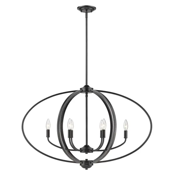 The Colson brings sophisticated modern elegance with its open-orb frame and six-light candelabra design. The 35-inch width makes it perfectly sized for kitchen islands and dining tables, while the matte black finish adds refined contemporary style. - alternate view