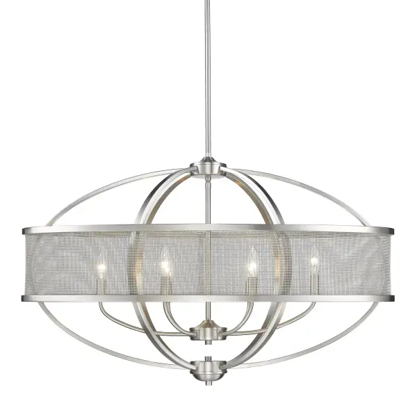 The Golden Lighting Colson brings refined elegance to kitchen islands with its clean-lined metal design and warm pewter finish. Six lights provide ample illumination while the adjustable height accommodates various ceiling configurations.