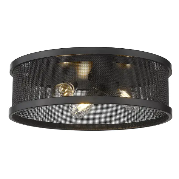 The Channing flush mount combines industrial style with practical functionality, featuring a distinctive wire mesh drum shade and matte black finish. Perfect for low-ceiling spaces requiring both style and illumination.