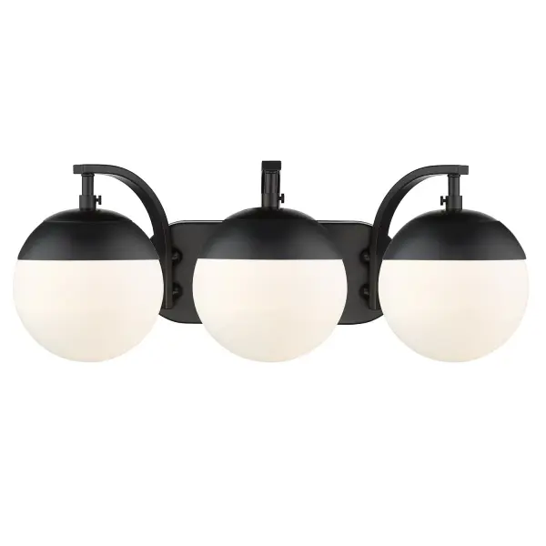 The Dixon 3-Light Vanity combines iconic Mid-Century Modern globe shades with a contemporary matte black finish. Perfect for bathrooms needing both style and function, it's damp-rated and provides ample illumination.